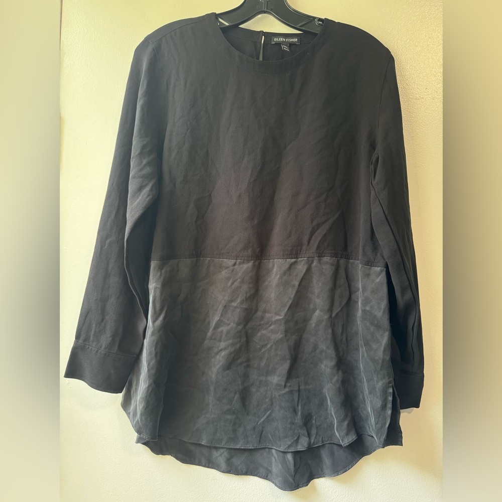 Eileen Fisher Deep Hemlock Black Mixed Silk Crepe Tunic Long Sleeve Blouse - Picture 6 of 13